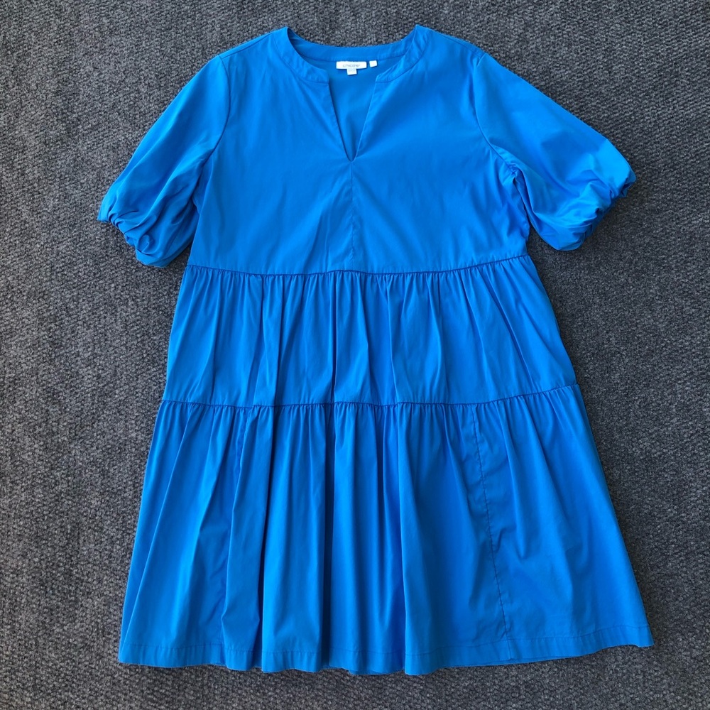 Chico’s poolside blue poplin tiered puff sleeve dress size 2 US 12